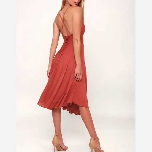 Lulus Troulos Red Lace Up Back Midi Lined Dress Party Christmas Fit&Flare XL - Picture 3 of 12